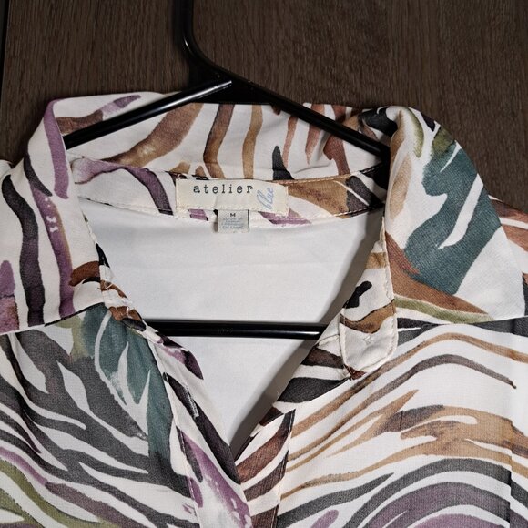 Atelier Women's Abstract Pattern Front Button Up Self Tie Sash Long Sleeve - Picture 3 of 5